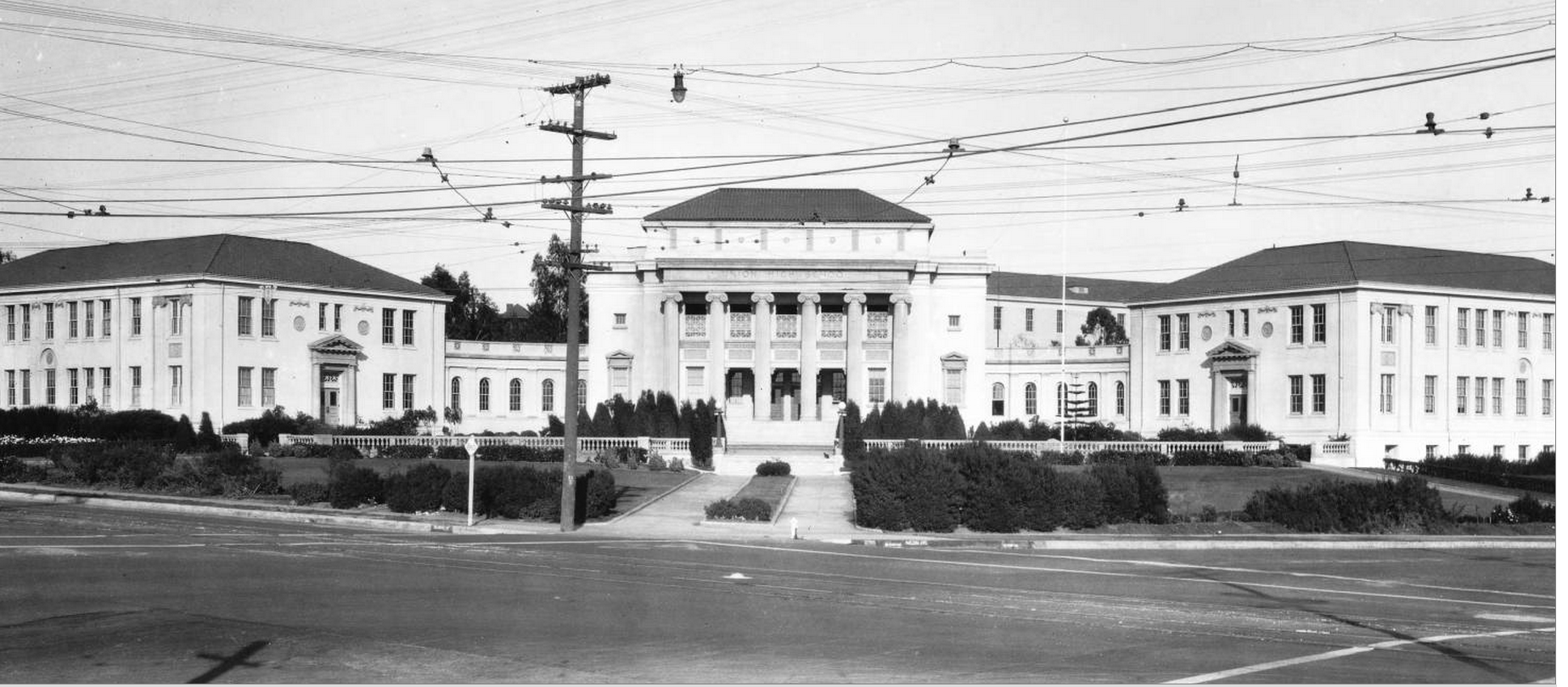 Photograph of an exterior view of the Redondo Union High School, Redondo Beach, ca.1925. 